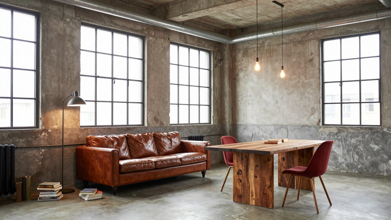 Лофт с бетонными стенами, открытыми трубами и винтажной мебелью, выглядящий как творческая студия.