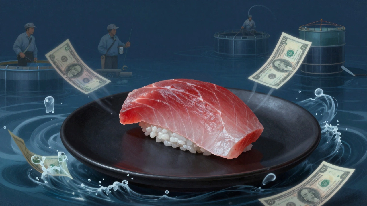 Ломтик суши из тунца на чёрной тарелке, вокруг — волны, деньги и рыболовные образы.