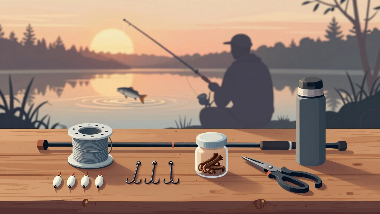 Минималистичный набор рыболовных снастей на деревянном столе с тенью рыбака на закате.