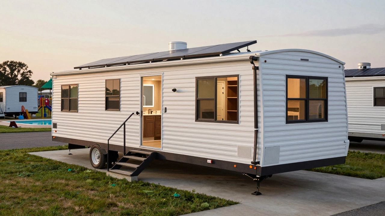 Мобильный дом на фундаменте в жилом сообществе с солнечными панелями и компактным двором.