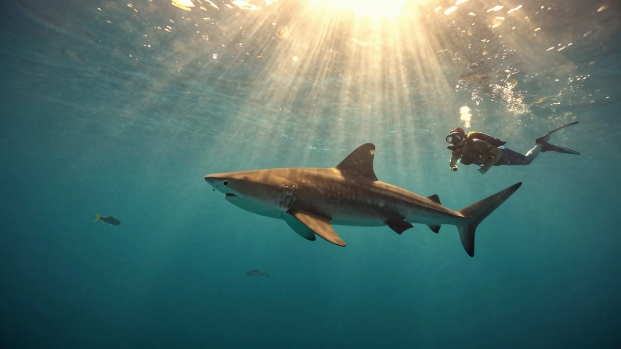 Ныряльщик плывёт рядом с акулой-молотом в Мальдивах, без снастей, только маска и камера.