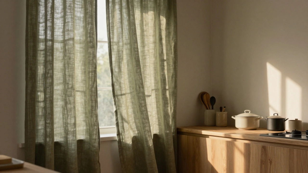 Оливковые льняные шторы на кухне с деревянными столешницами, мягко колышущиеся от легкого ветра.