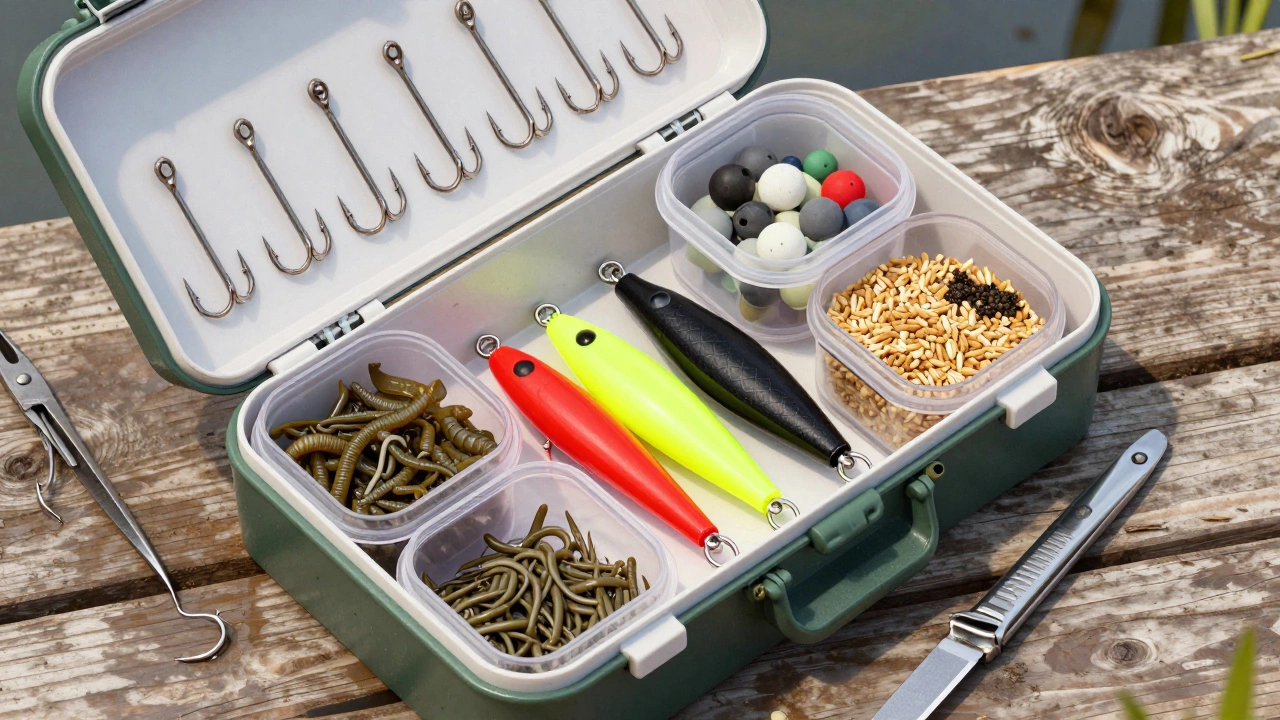 Открытая рыболовная сумка с крючками, грузилами, живой наживкой и силиконовыми приманками.