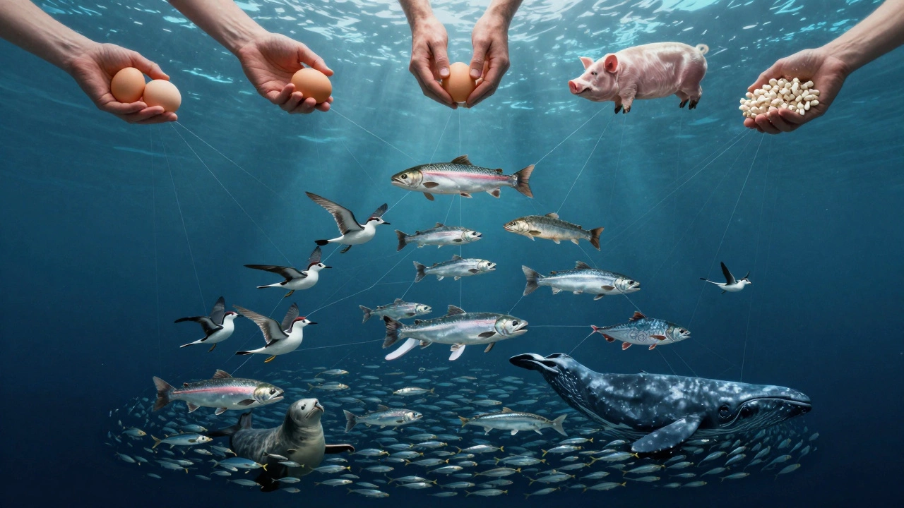 Подводная пирамида питания: анчоусы — основа, кормящая лосося, птиц и людей через рыбную муку.
