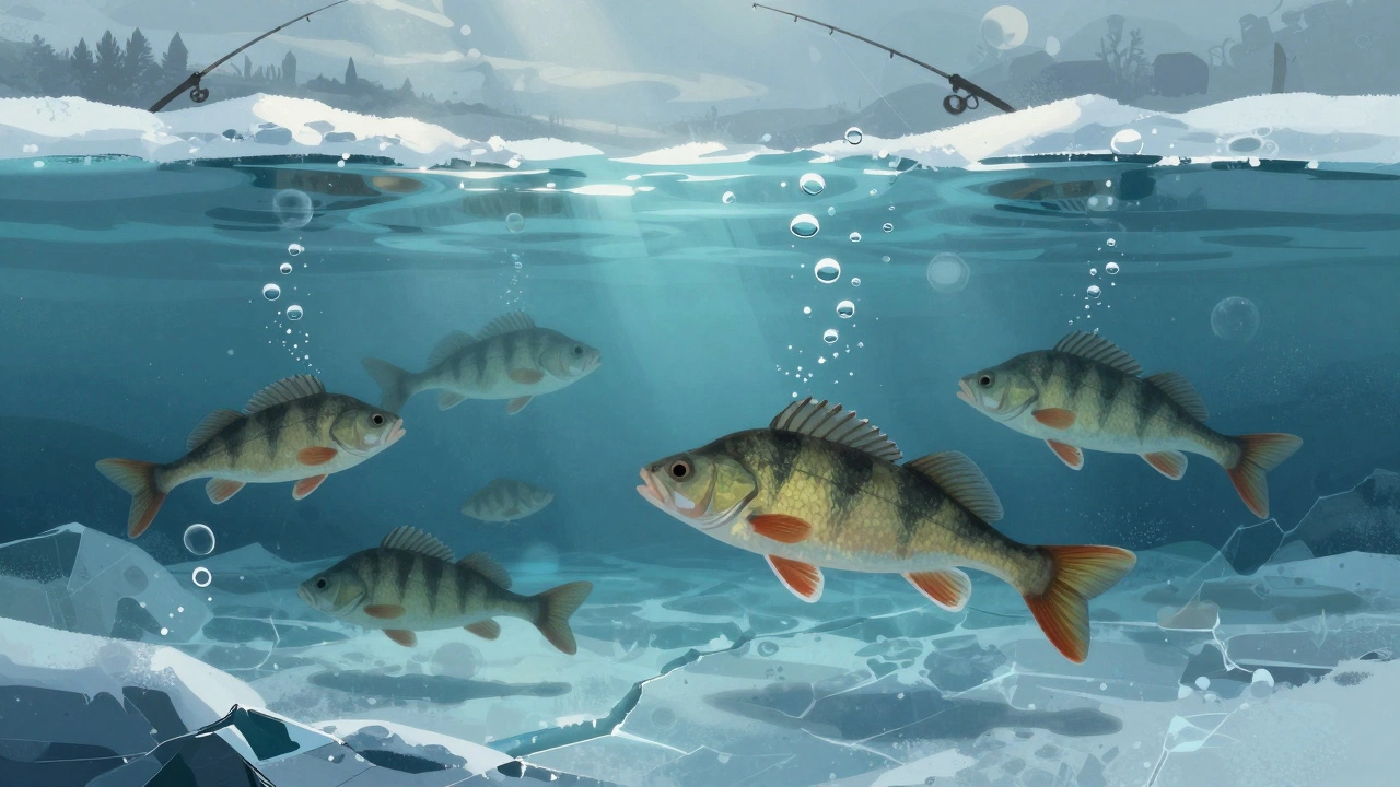 Подводный вид: рыба активна подо льдом, пузырьки кислорода поднимаются к поверхности.