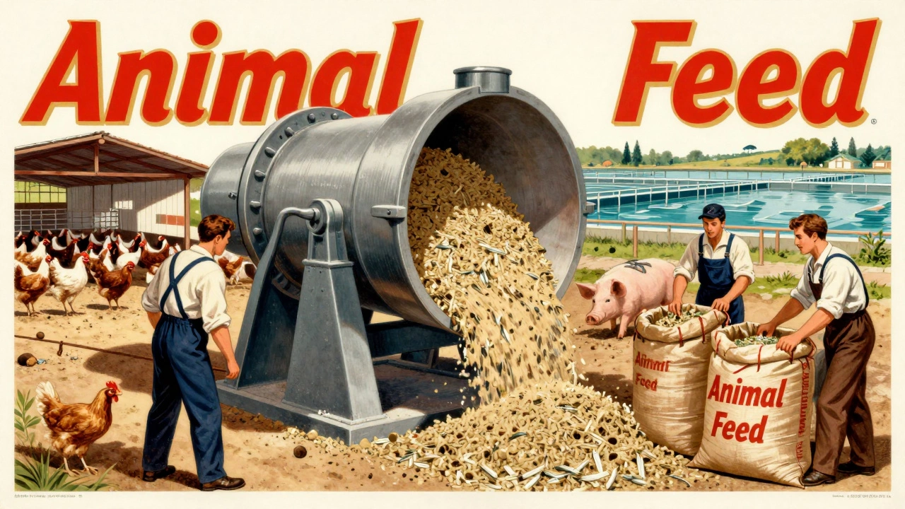 Промышленный измельчитель превращает анчоусов в рыбную муку, фермы на фоне — 1950-е годы, стилизованная реклама.