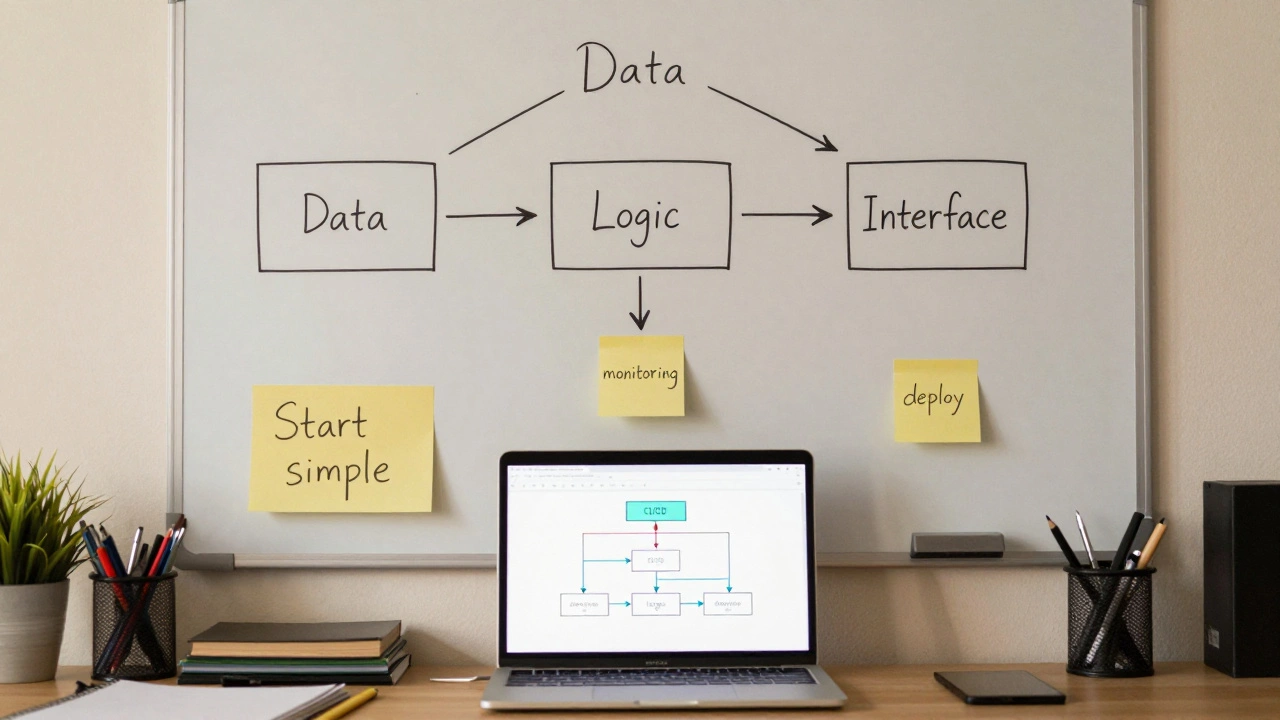 Рабочий стол разработчика с эскизом архитектуры на доске и заметками о мониторинге и деплое.