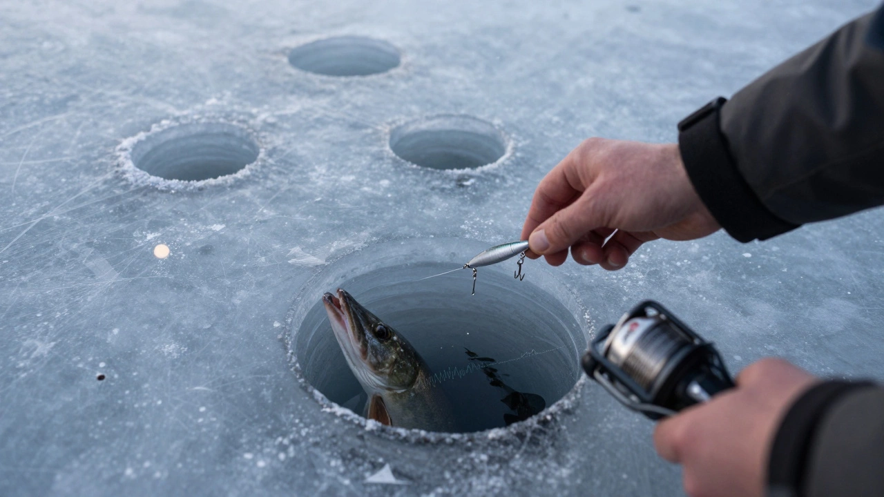 Рука опускает маленькую блесну в лунку, под льдом — приближающаяся щука.
