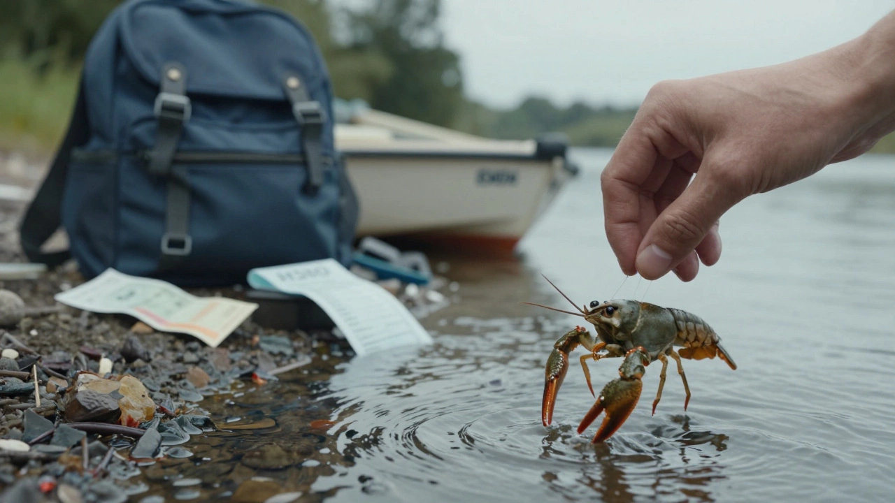 Рука отпускает маленького рака в реку, на заднем плане — конфискованные вещи.