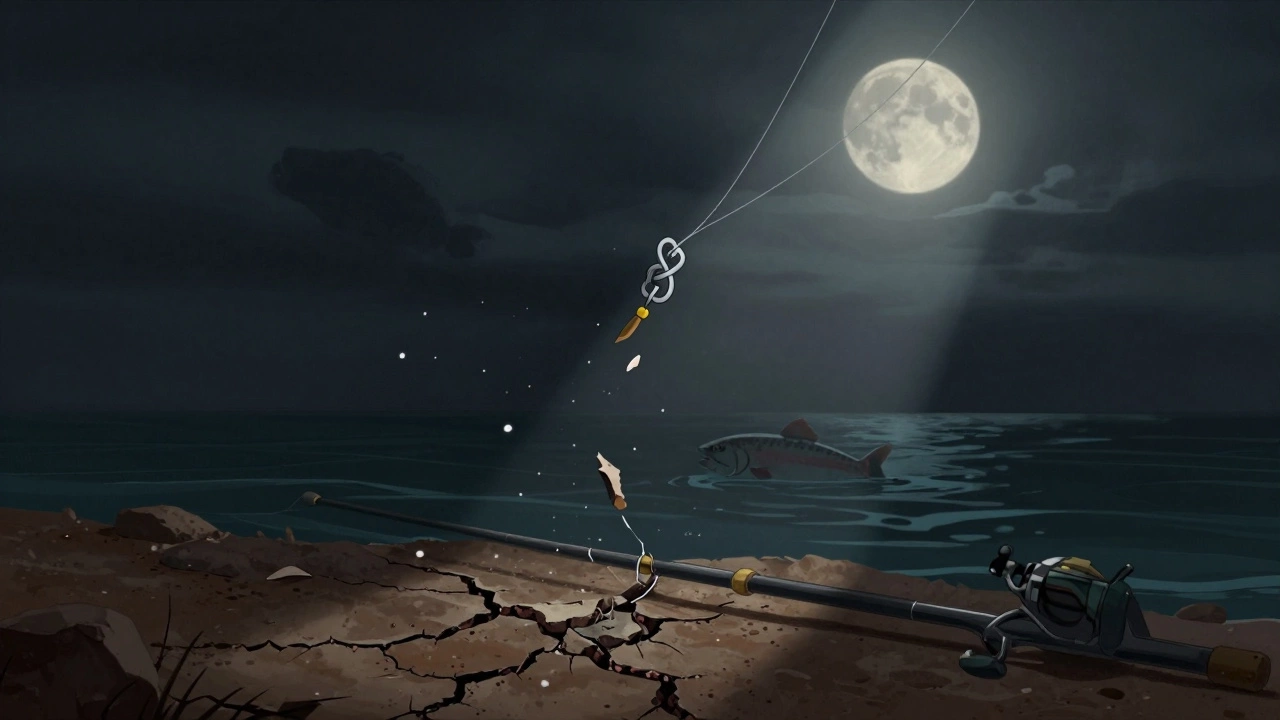 Рвущаяся леска на узле, рыба уходит в воду, разлетаются волокна лески.