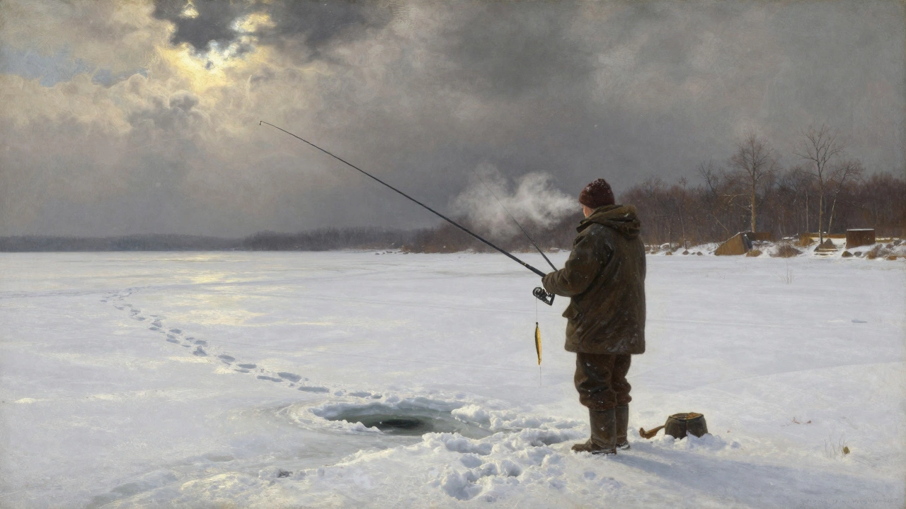 Рыбак ловит на два удочки в снегопад, тихий зимний день на озере.