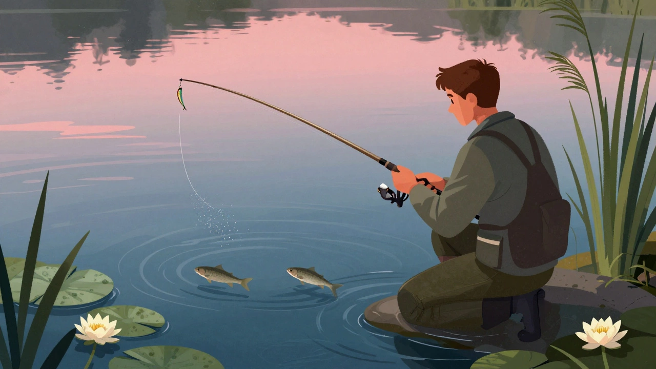 Рыбак ловит на пикер на мелководье при закате, тонкая снасть с опарышом на крючке.