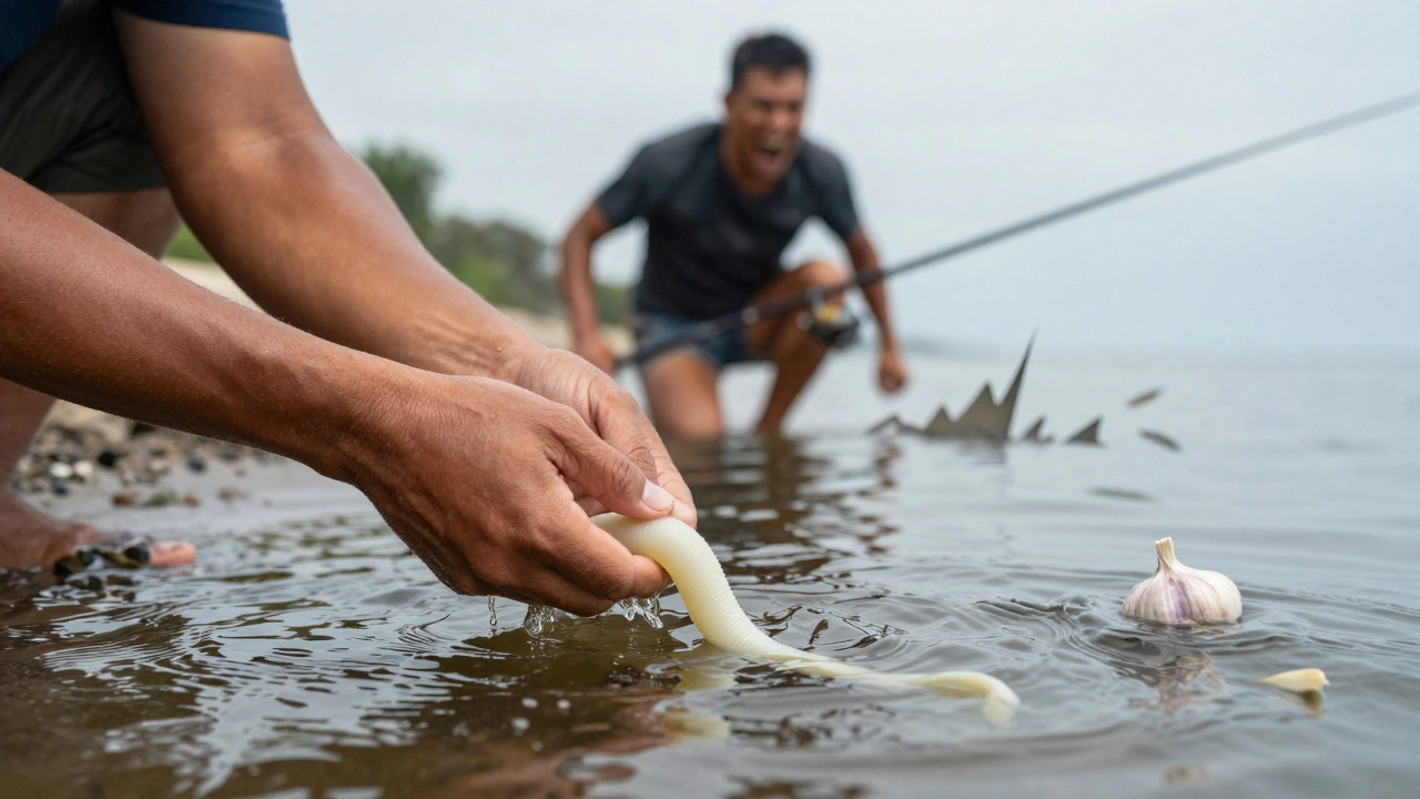 Рыбак осторожно опускает наживку с запахом чеснока, вода реагирует на аромат.