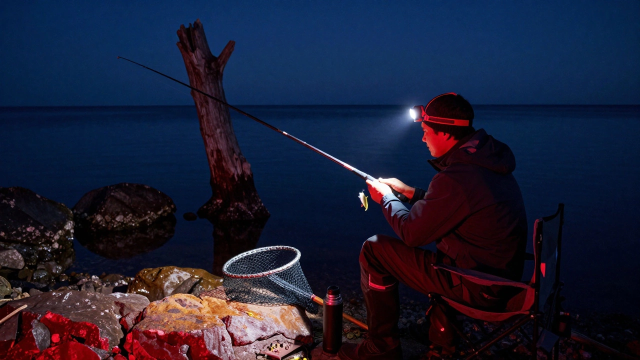 Рыбак в красном свете фонаря на каменистом берегу ночью, ловит на силиконовую приманку.