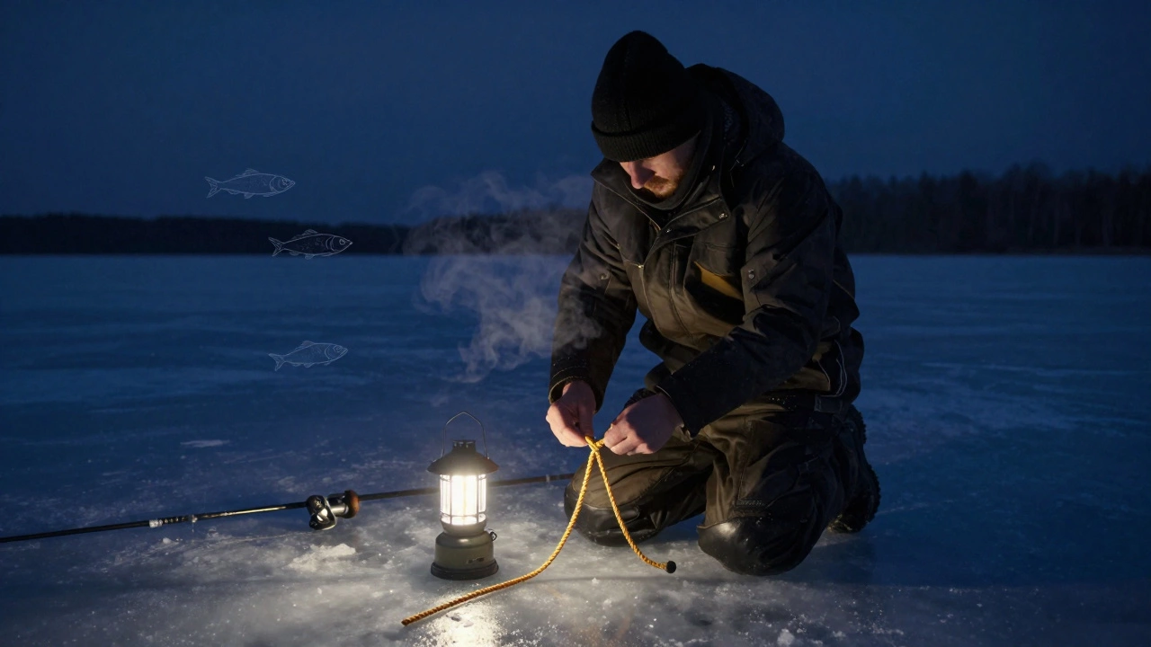 Рыбак завязывает восьмёрку на ощупь в темноте на замёрзшем озере.