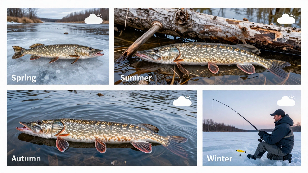Сезонная диаграмма поведения щуки: весна, лето, осень, зима — на фоне реки.