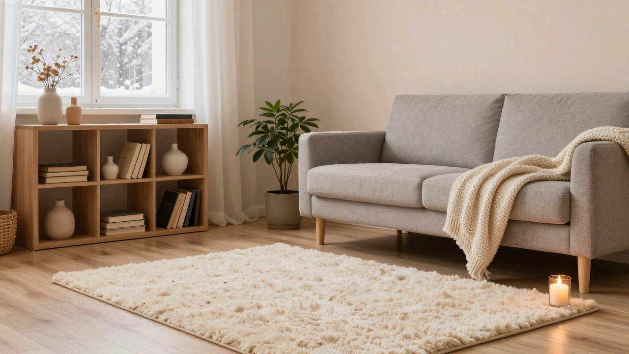 Скандинавская гостиная с деревянной мебелью, ковром и мягким пледом, создающая уютную атмосферу.