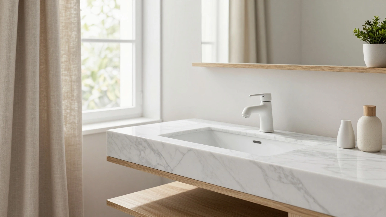 Скандинавская ванная с белым мрамором, деревом и натуральным светом