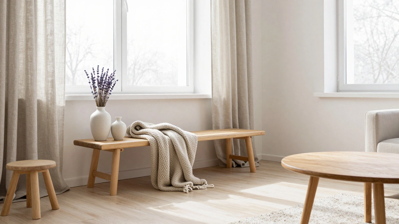 Скандинавский стиль с светлым деревом, льняными шторами и сухоцветами в сибирской гостиной.