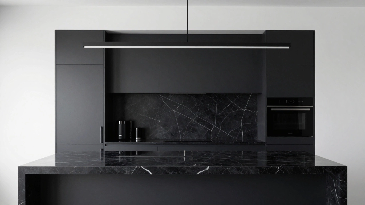 Современная кухня с чёрным мраморным островом и матовой чёрной фурнитурой