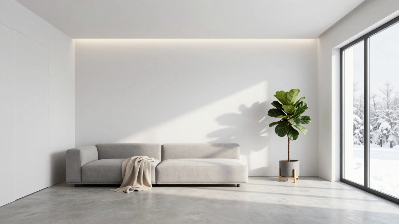 Современный минимализм с белыми стенами, бетонным полом и одним растением в тихой квартире.
