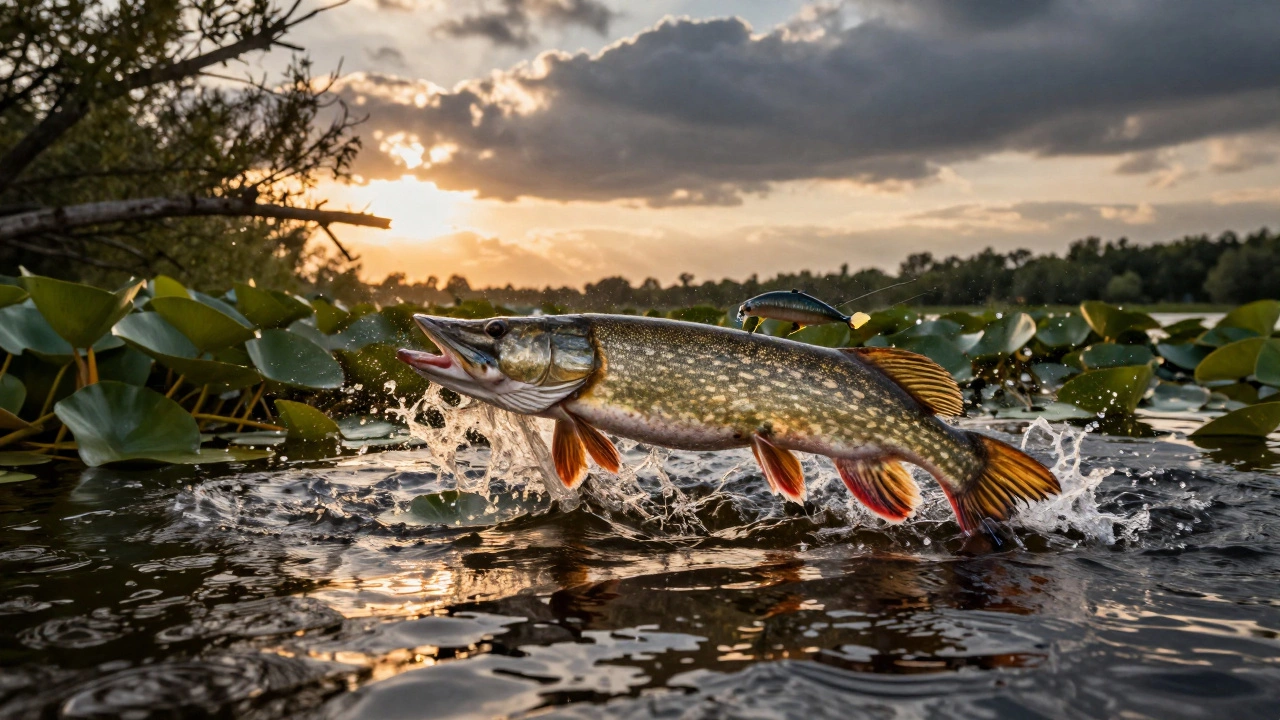 Щука атакует поверхностную приманку в жаркий летний вечер, вода бурлит от удара.