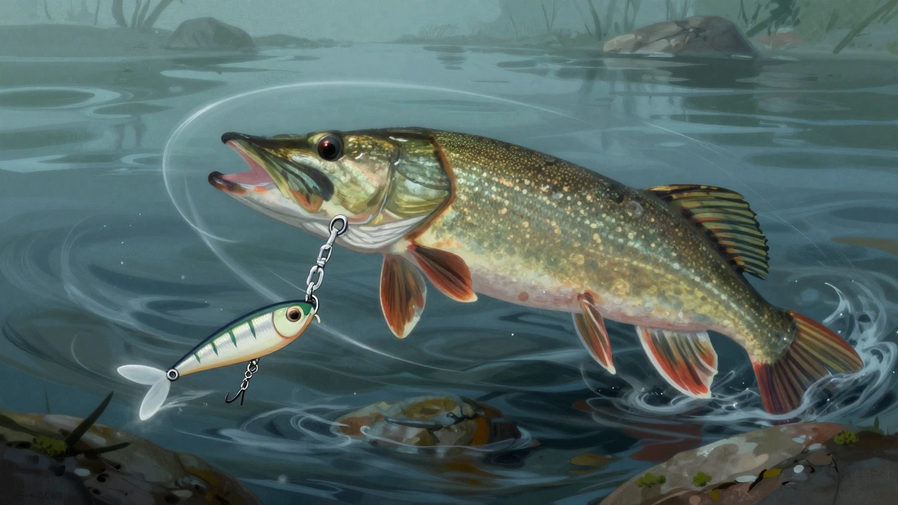 Щука атакует приманку, наложенный на изображение узел Двойной циркуляр, течение и камни вокруг.