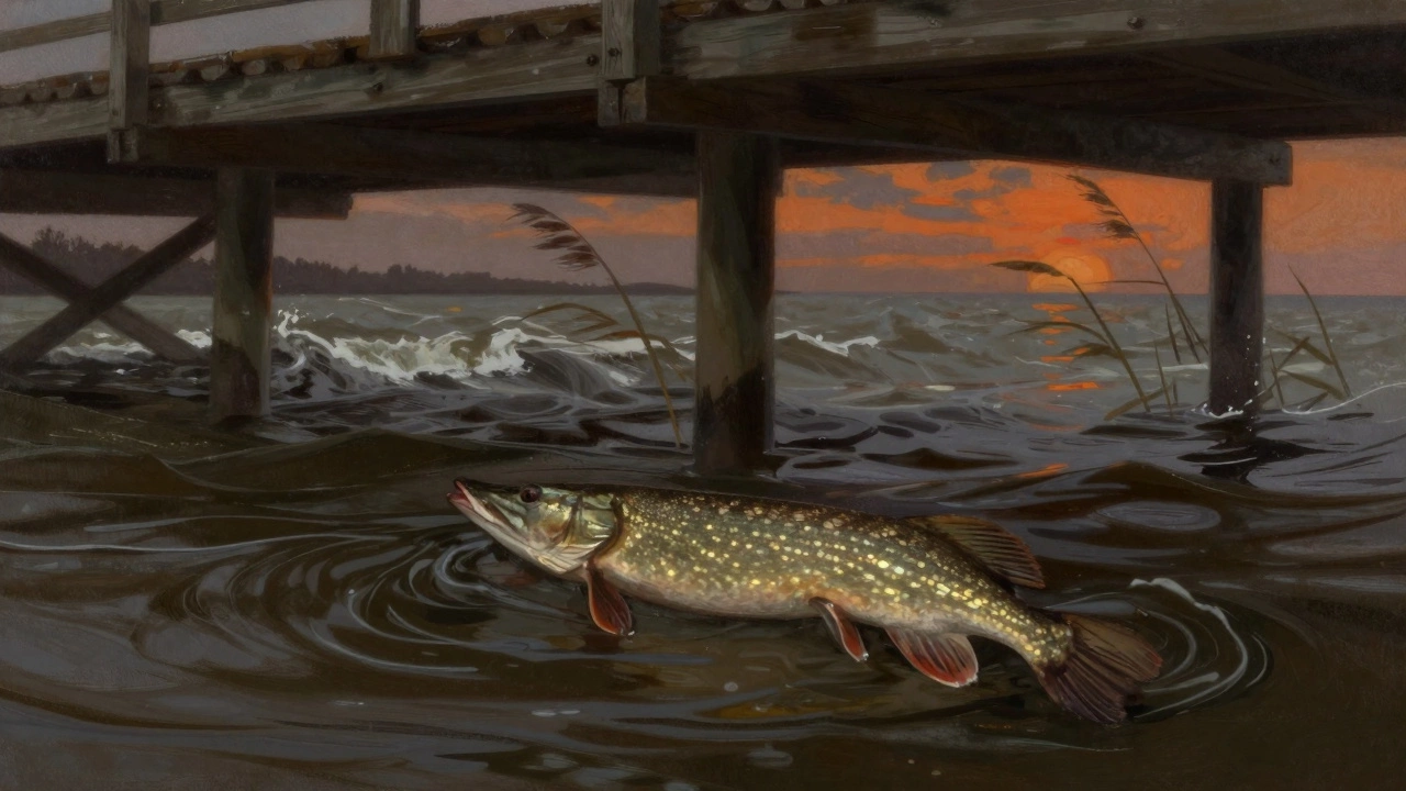 Щука всплывает среди водорослей под пирсом осенью, на фоне ветра и заката.