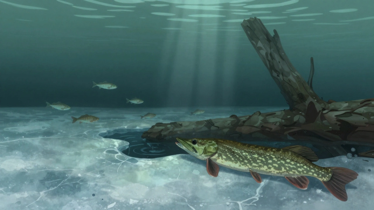 Щука затаилась у затопленной коряги под льдом, рядом стая мелкой рыбы.