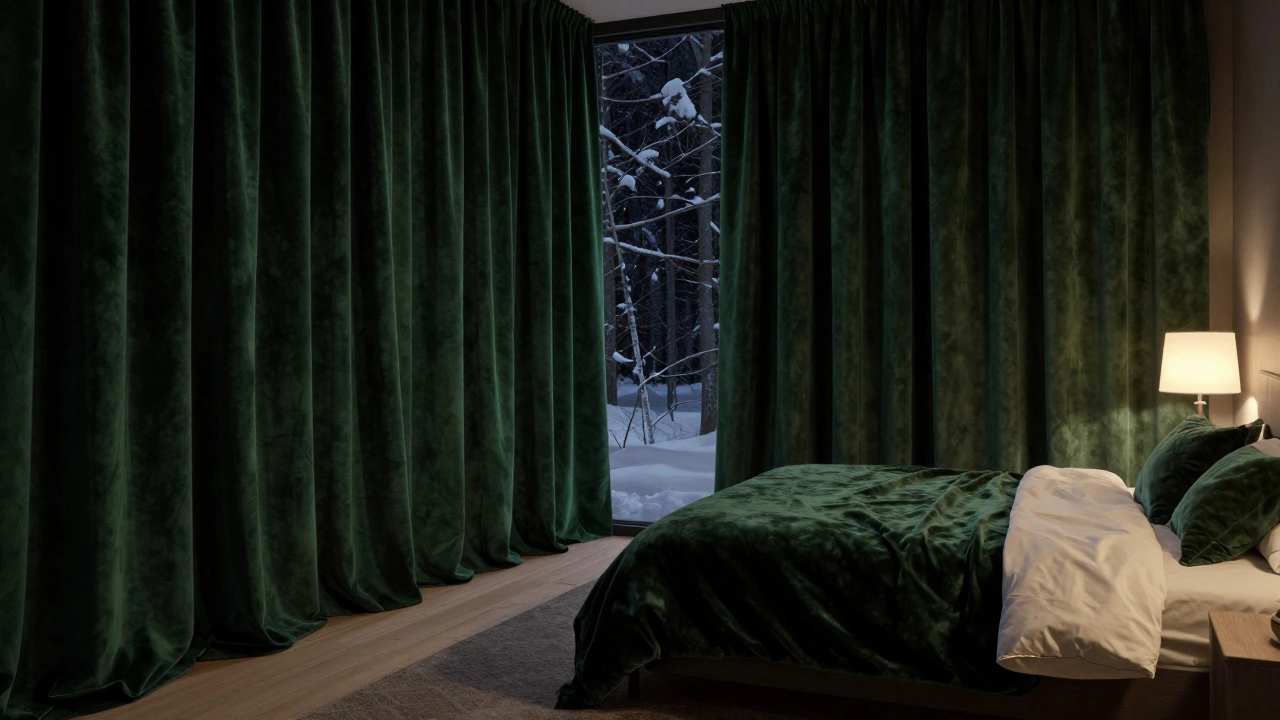 Темно-зеленые плотные шторы в спальне, закрывающие окно в зимнюю ночь, создавая ощущение уюта.