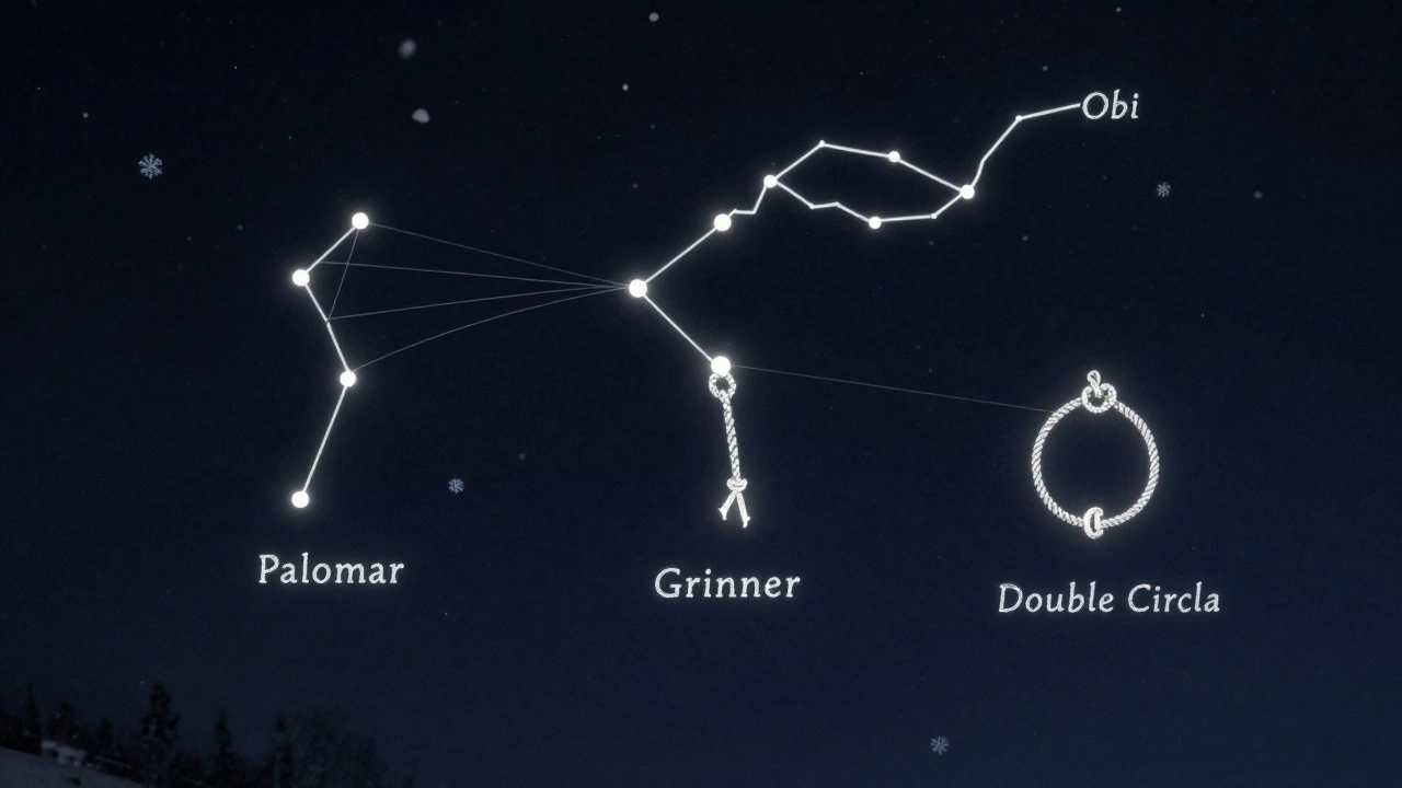 Три рыболовных узла светятся в виде созвездий над реками Сибири, на фоне зимнего неба.