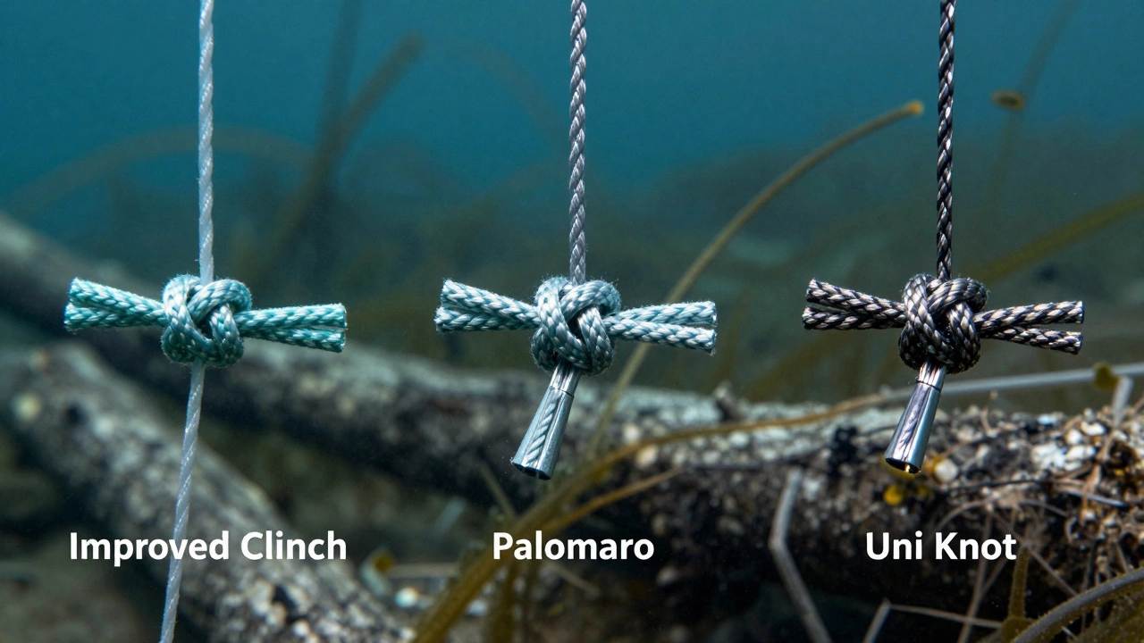 Три типа рыболовных узлов на разных лесках: клинч, паломар и уни-узел.