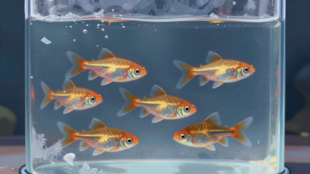 Внутри термоса пять живых гольянов плавают в ледяной воде с мелкими пузырьками кислорода.