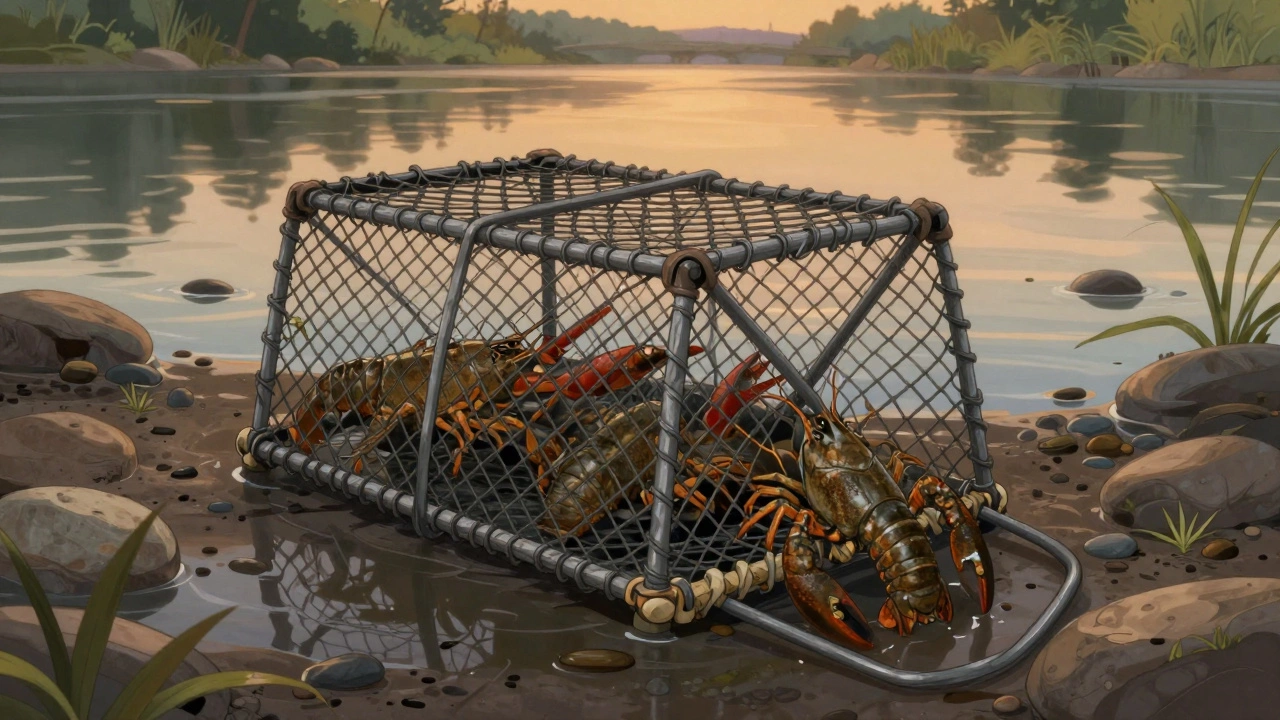 Законная раколовка на дне реки, раки заходят внутрь, вечерний свет на воде.