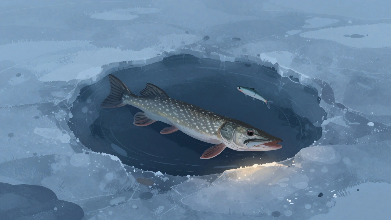 Зимняя щука в глубокой яме подо льдом, медленно ждёт добычу в ледяной воде.