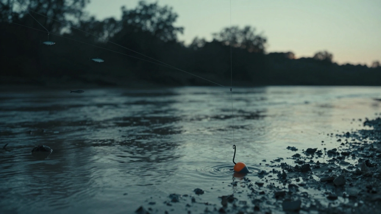 Абстрактное изображение лески, соединяющей поплавок на воде с крючком на дне, символизирующее терпение.