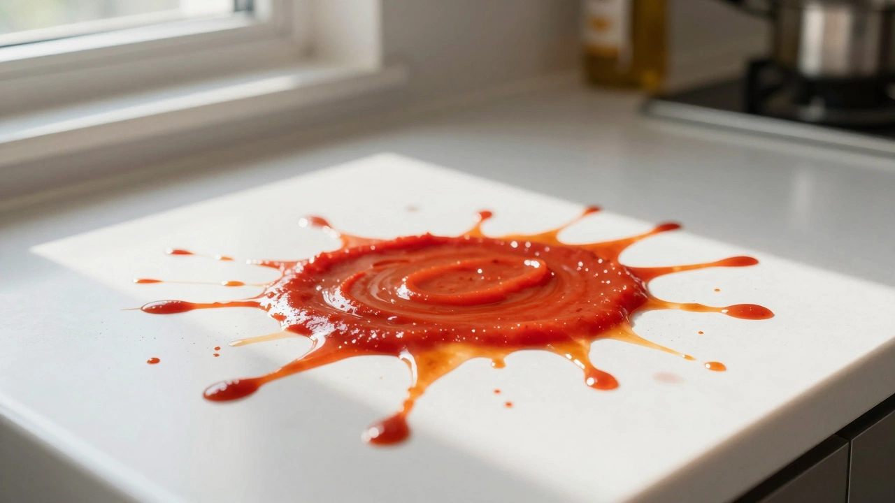 Белая столешница с пятнами от соуса, карамели и отпечатков пальцев под утренним светом.