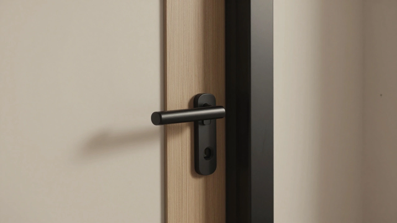 Чёрная дверная ручка и плинтус на тёплом белом фоне, подчёркивающие форму пространства