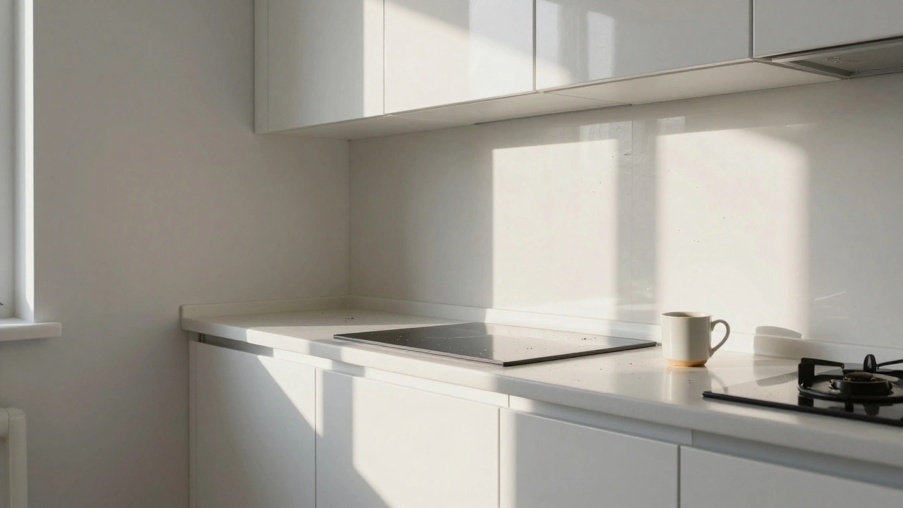 Чисто белая кухня с бликами и пятнами, создающая ощущение перегрузки и усталости.