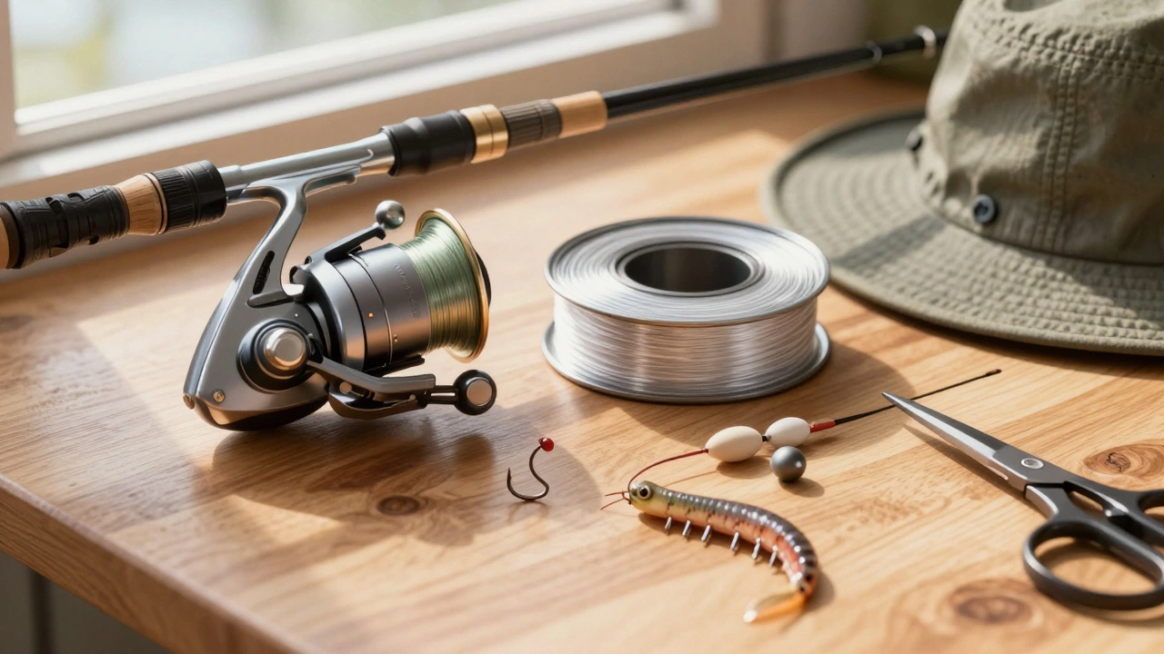 Детальный обзор базовых элементов снасти: катушка, леска, поплавок, грузила и крючок с червем.
