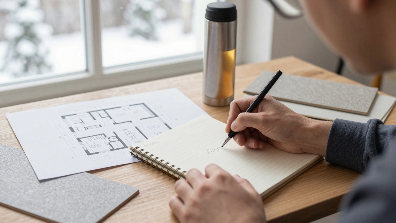 Дизайнер рисует план на бумаге в гостиной с окном, выходящим на снежный ландшафт.