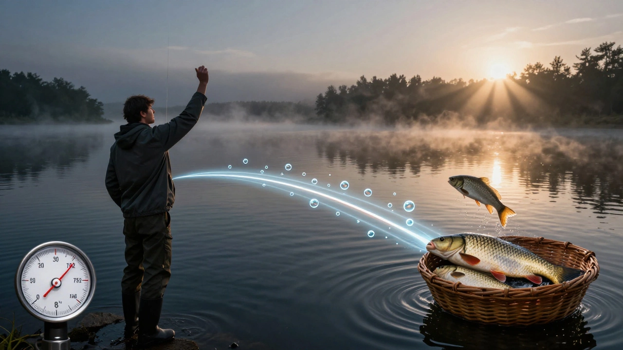 Два мира: холодная ночь слева и живая утренняя рыбалка справа, соединённые потоком кислорода и тепла.