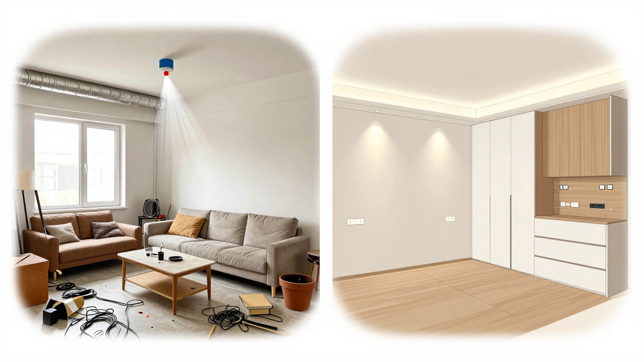 Два варианта квартиры: слева — хаос после дешевого ремонта, справа — идеально спланированное пространство с точной разводкой и освещением.
