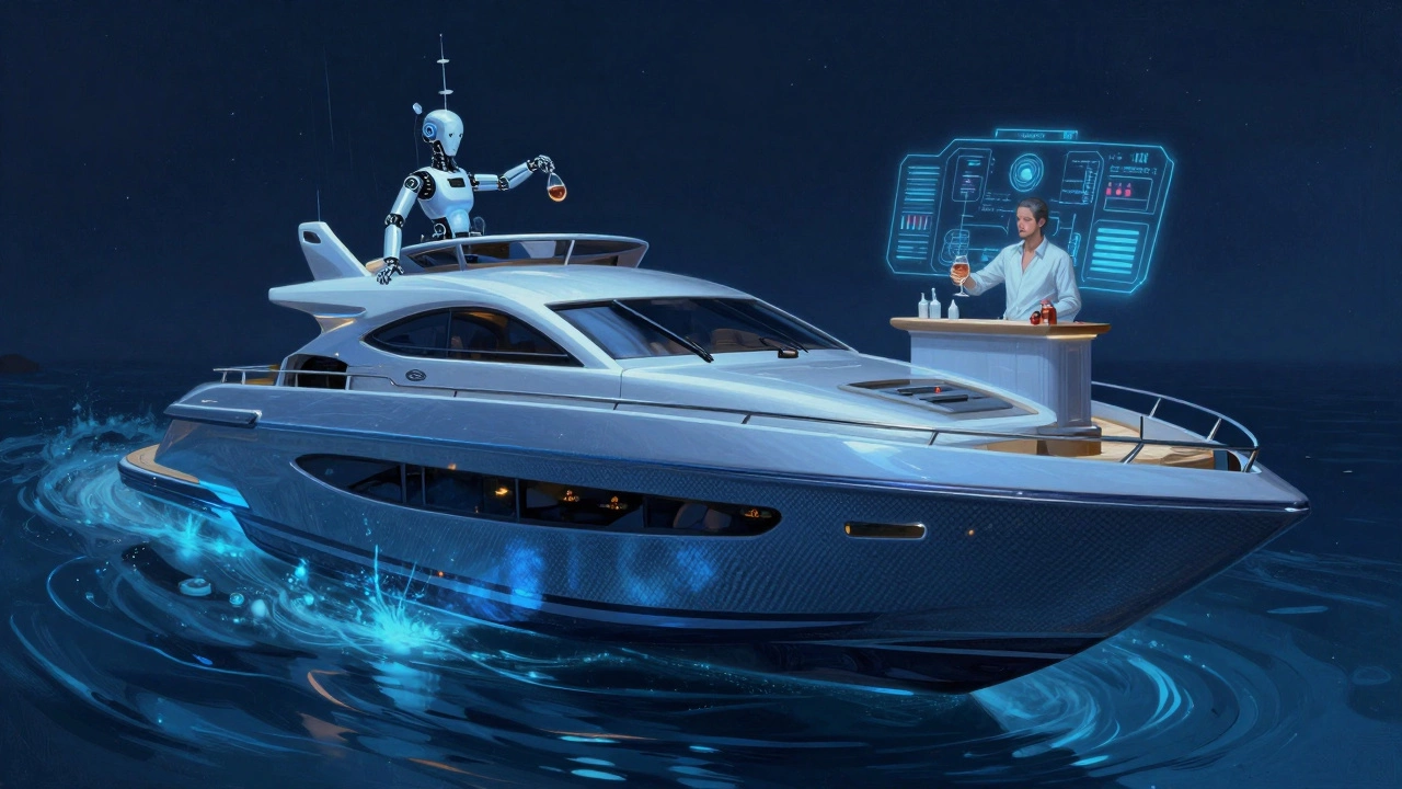 Футуристическая яхта Blue с роботом-барменом и голографическими интерфейсами в ночном океане.