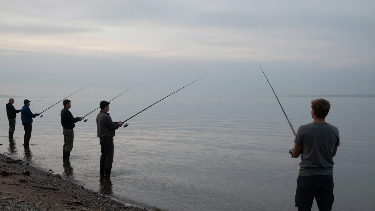 Группа рыбаков молча ловит, один останавливается, глядя на чужую удочку.