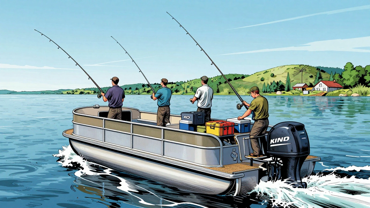 Группа рыбаков на понтонной лодке на Волге с мотором и снастями в ярком свете дня.