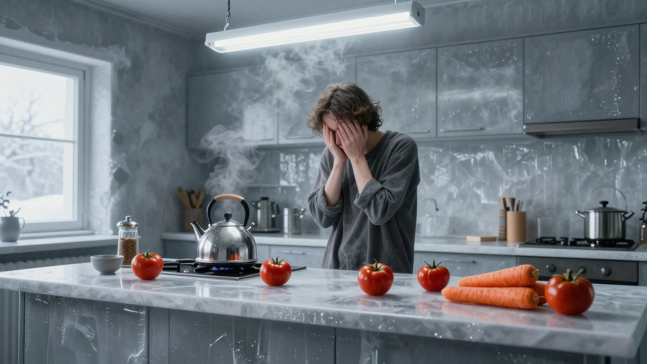 Холодная серая кухня, где еда выглядит блекло, а атмосфера — стерильной и унылой.