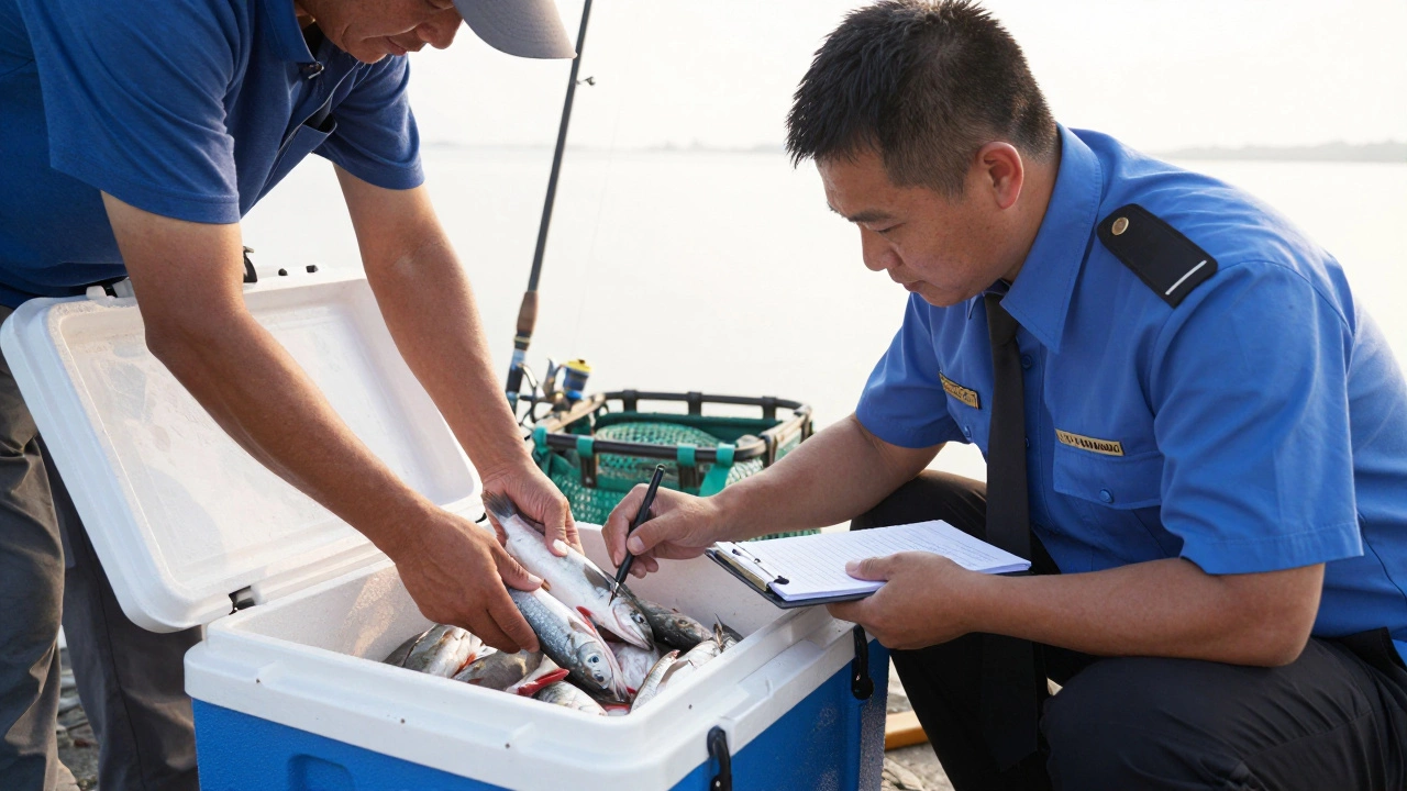 Инспектор проверяет целую рыбу в холодильной сумке, рядом блокнот с записями.