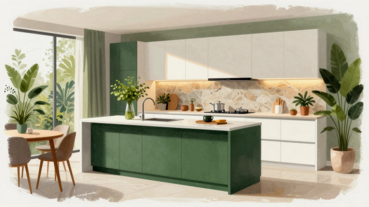 Изумрудный остров с белыми верхними шкафами и растениями в интерьере.