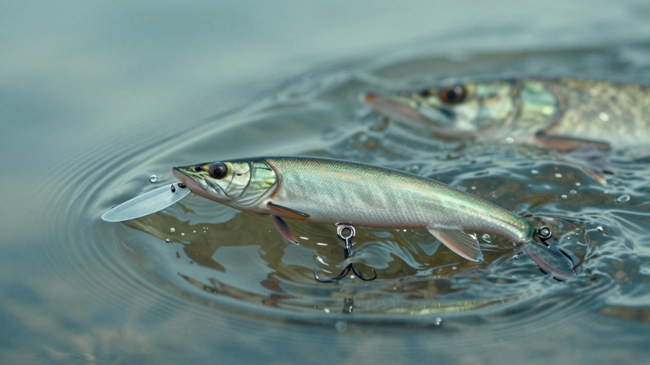 Крупный план блесны Salmo Hornet в воде, видны волны вибрации и реакция щуки в размытом фоне.